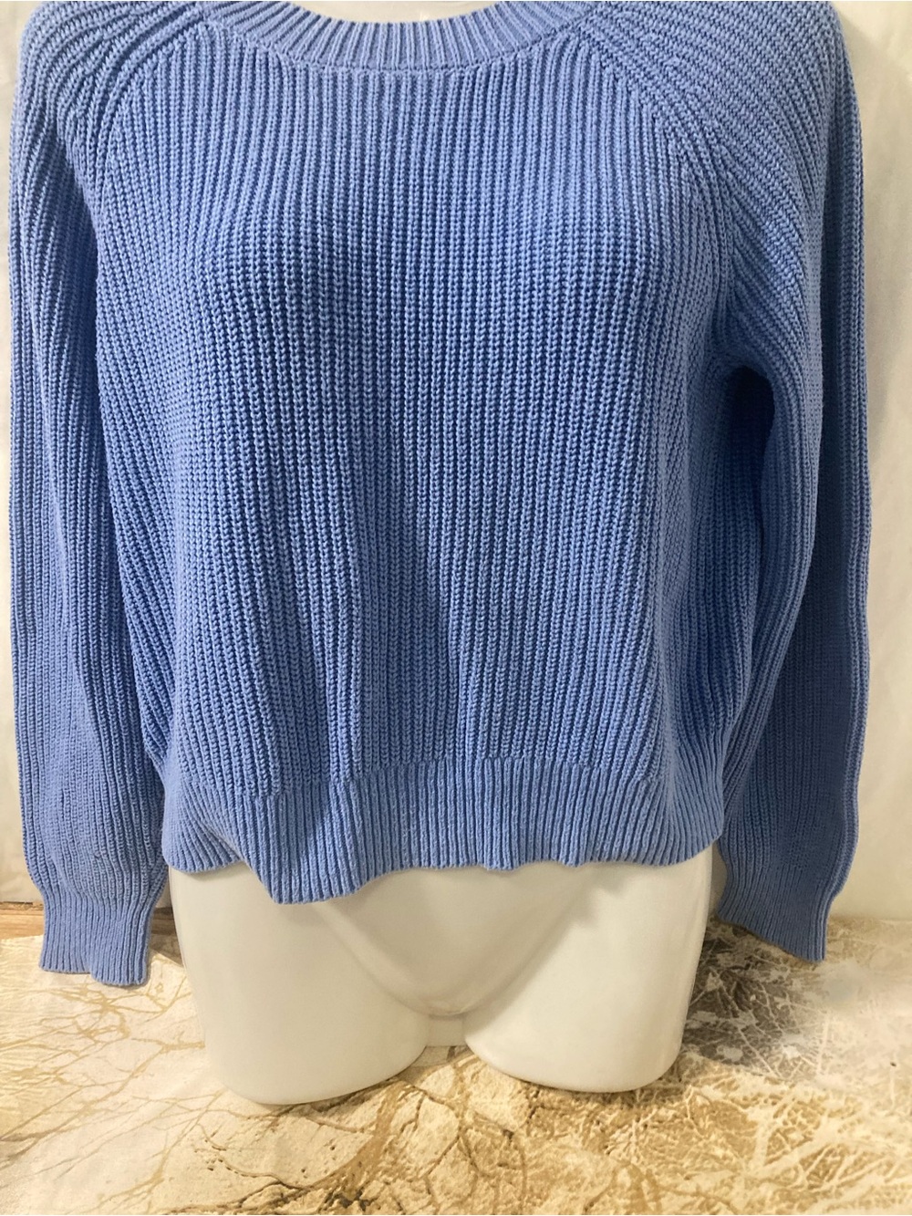 Twik Simons Blue Rib Knit Sweater Women’s Small Crew Neck Cotton Blend Cozy